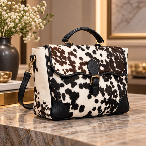 Brown & White Cowhide Leather Flap Handbag