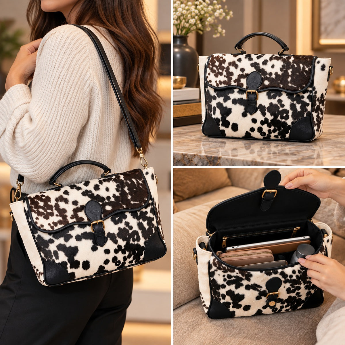 Brown & White Cowhide Leather Flap Handbag