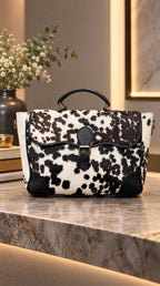 Brown & White Cowhide Leather Flap Handbag