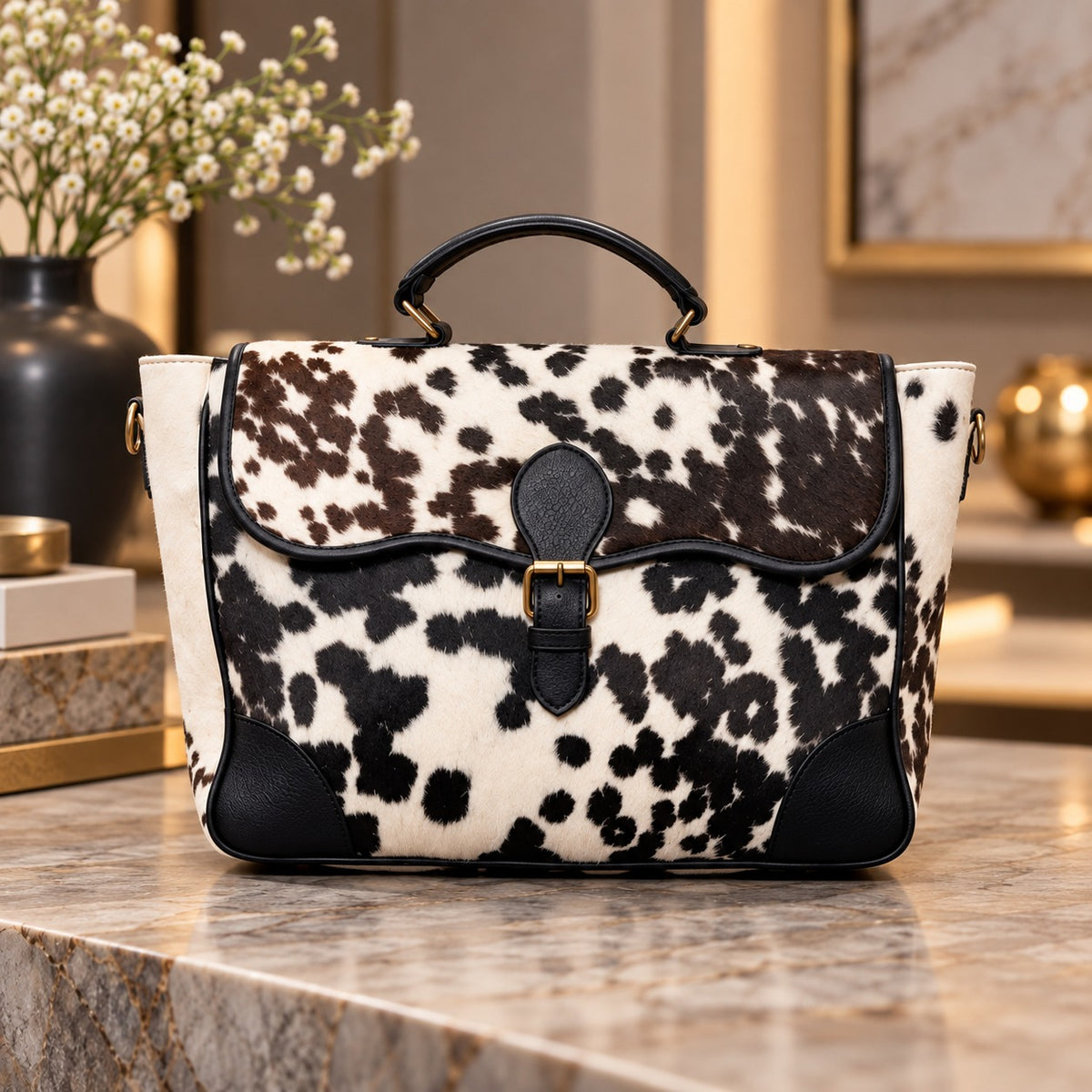 Brown & White Cowhide Leather Flap Handbag