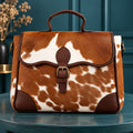 Brown & White Cowhide Leather Satchel Bag