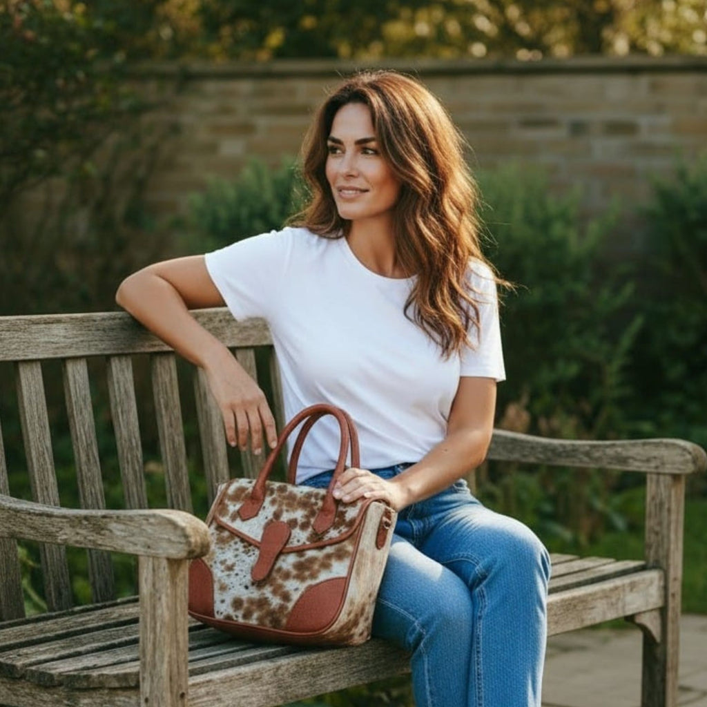 Brown & White Cowhide Leather Satchel Bag