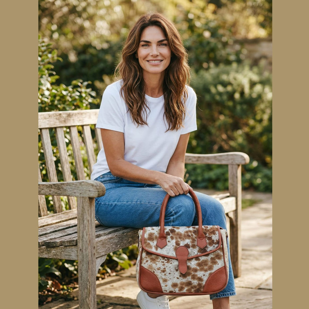 Brown & White Cowhide Leather Satchel Bag