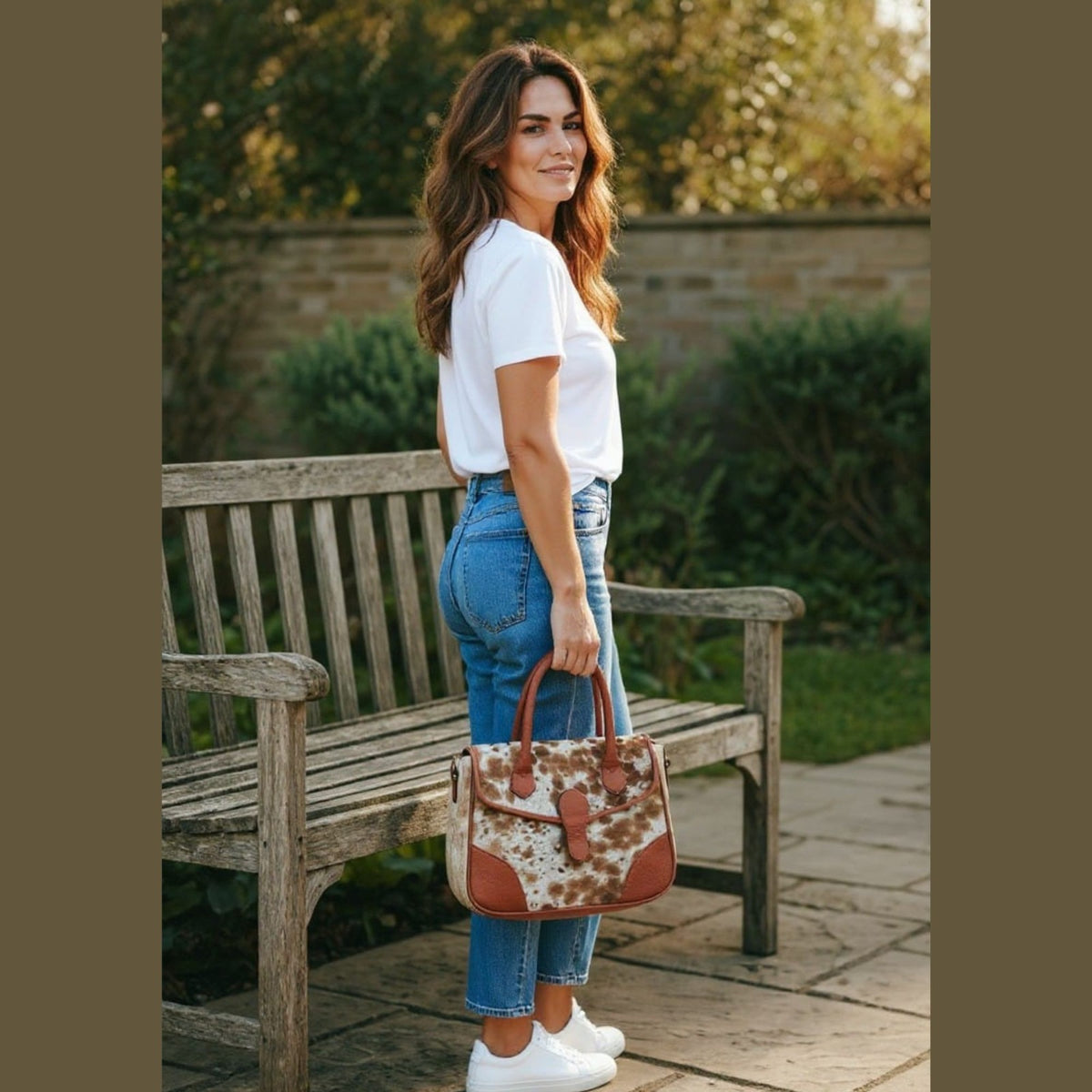 Brown & White Cowhide Leather Satchel Bag