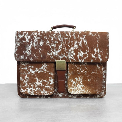 Brown & White Cowhide Leather Laptop Bag — 17 Inch