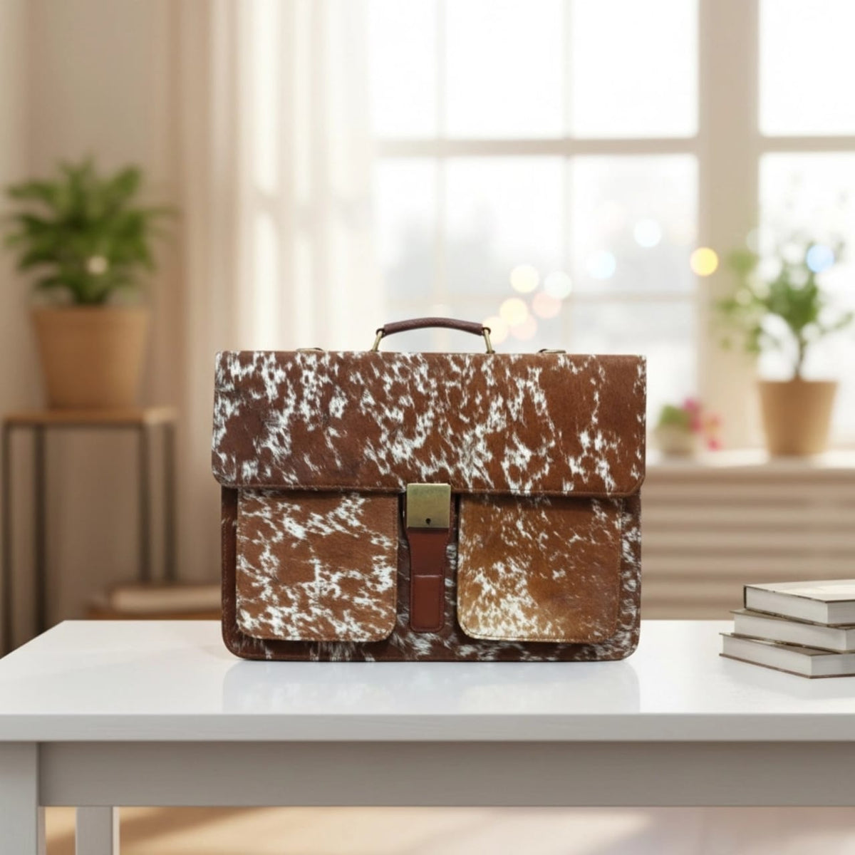 Brown & White Cowhide Leather Laptop Bag — 17 Inch