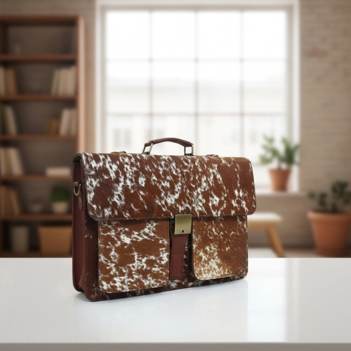 Brown & White Cowhide Leather Laptop Bag — 17 Inch