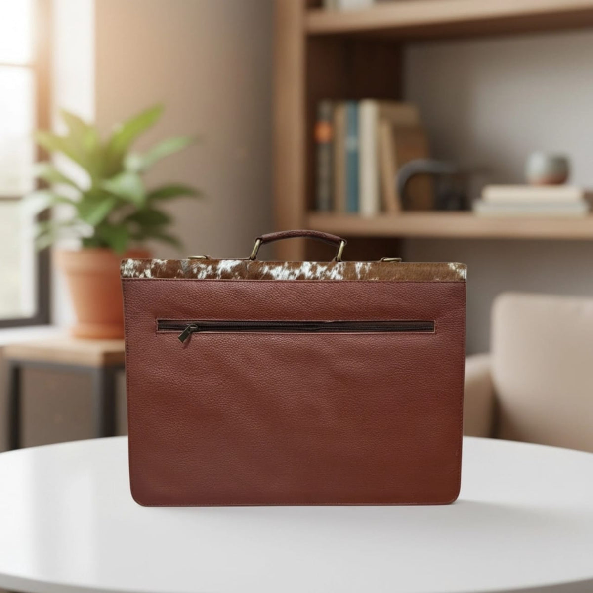 Brown & White Cowhide Leather Laptop Bag — 17 Inch