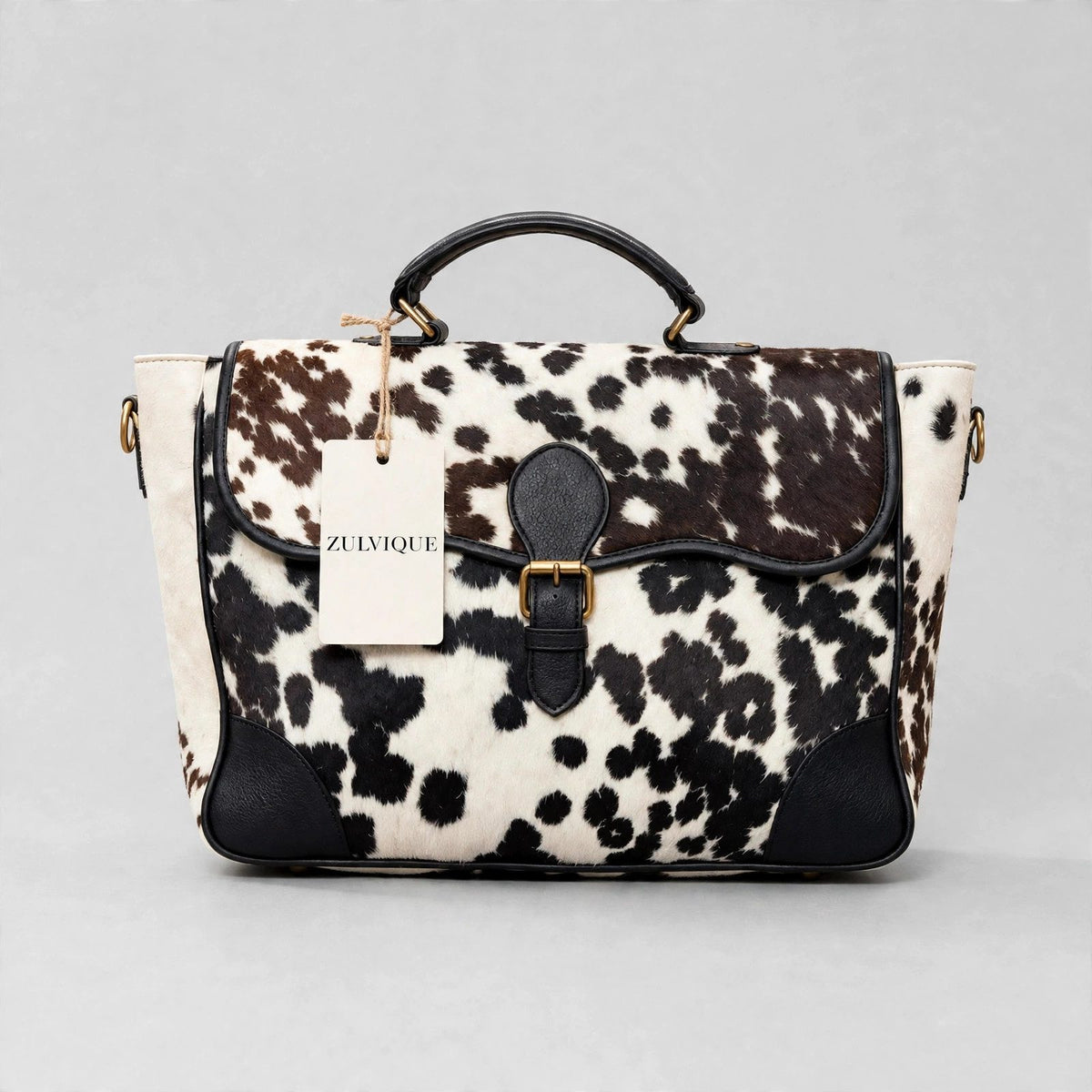 Women's Black & White Speckle Cowhide Buckle Satchel