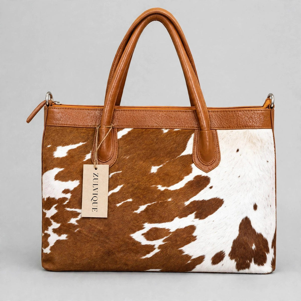 Women's Brown & White Cowhide Zip Tote