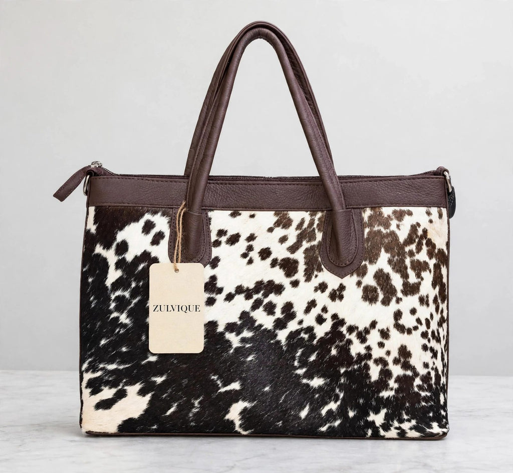 Women's Black & White Cowhide Zip Tote