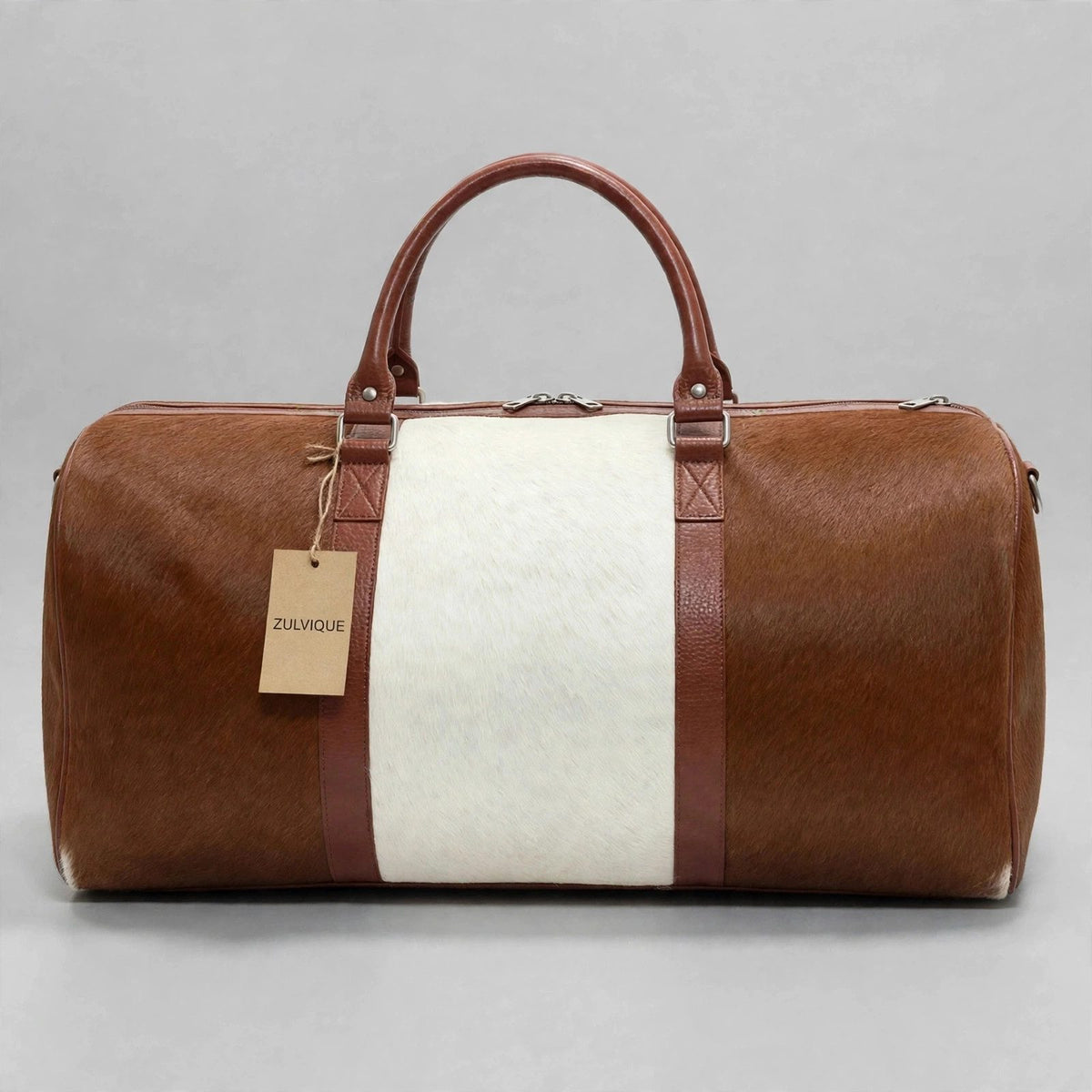 Two-Tone Brown & White Cowhide Leather Duffel Bag