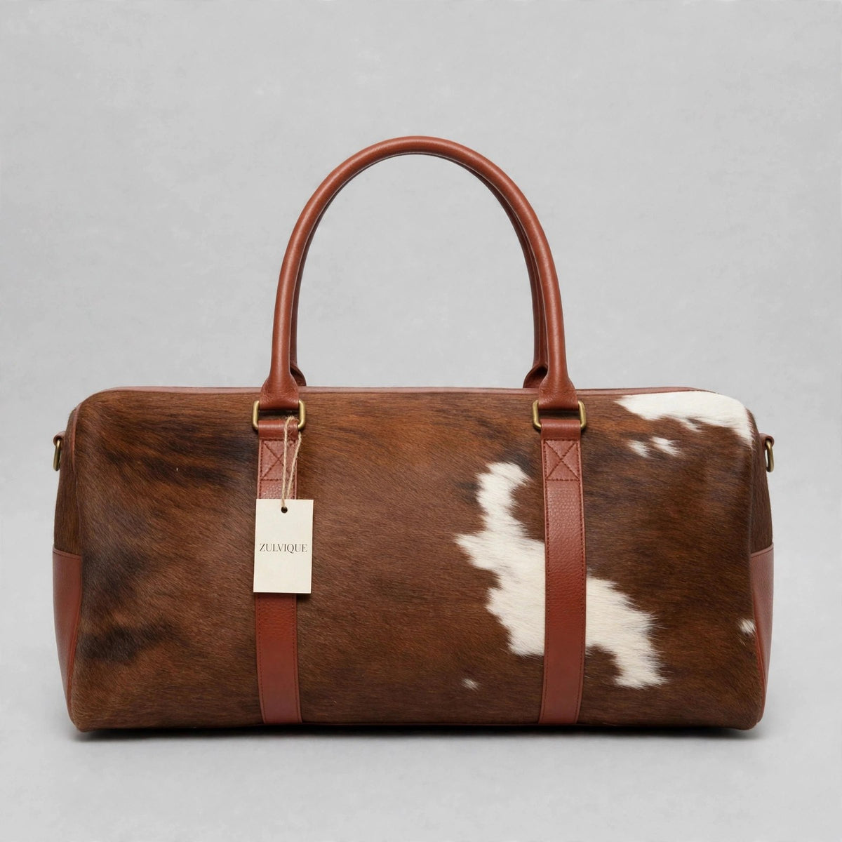 Brown & White Patch Cowhide Leather Duffel Bag