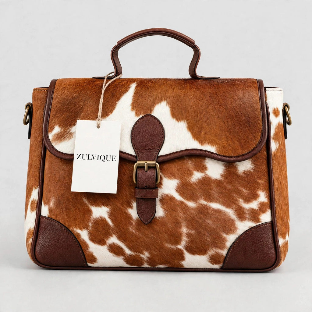 Women's Brown & White Cowhide Buckle Satchel