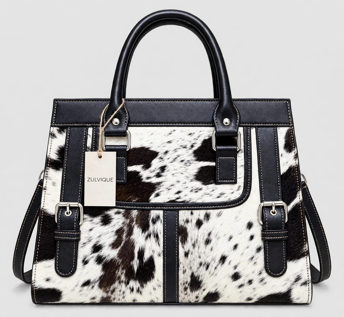 Women's Black & White Cowhide Structured Handbag