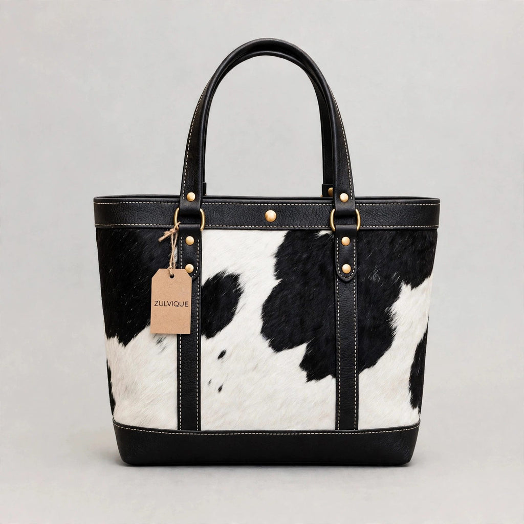 Women's Studded Black & White Cowhide Tote