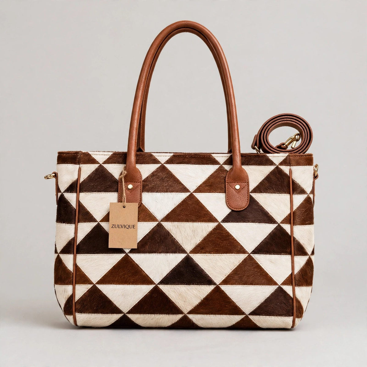 Women's Triangle Patchwork Cowhide Tote
