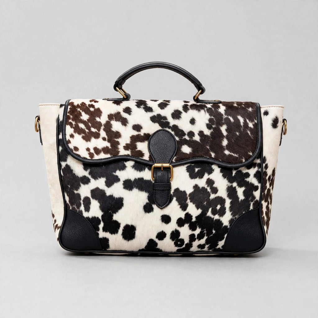 Women's Black & White Speckle Cowhide Buckle Satchel