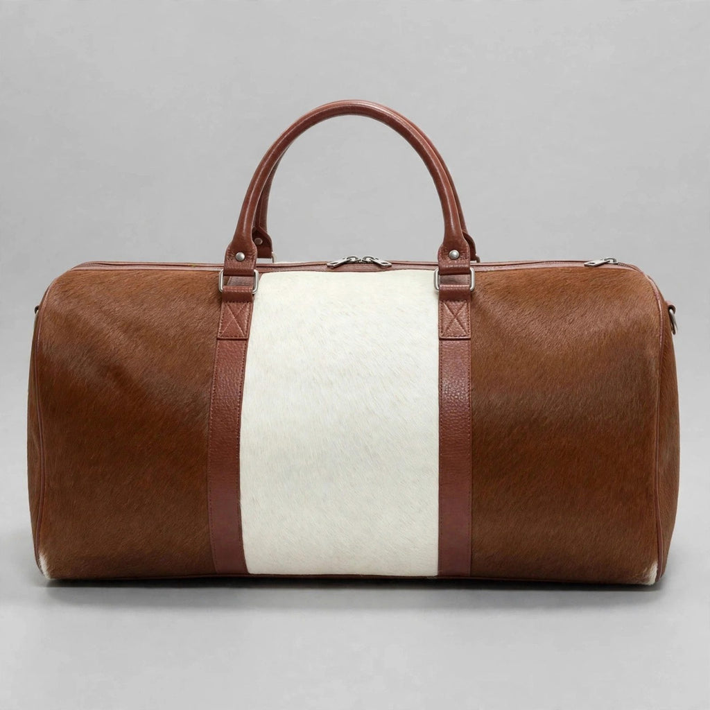 Two-Tone Brown & White Cowhide Leather Duffel Bag