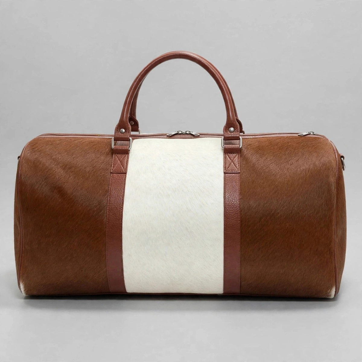 Two-Tone Brown & White Cowhide Leather Duffel Bag
