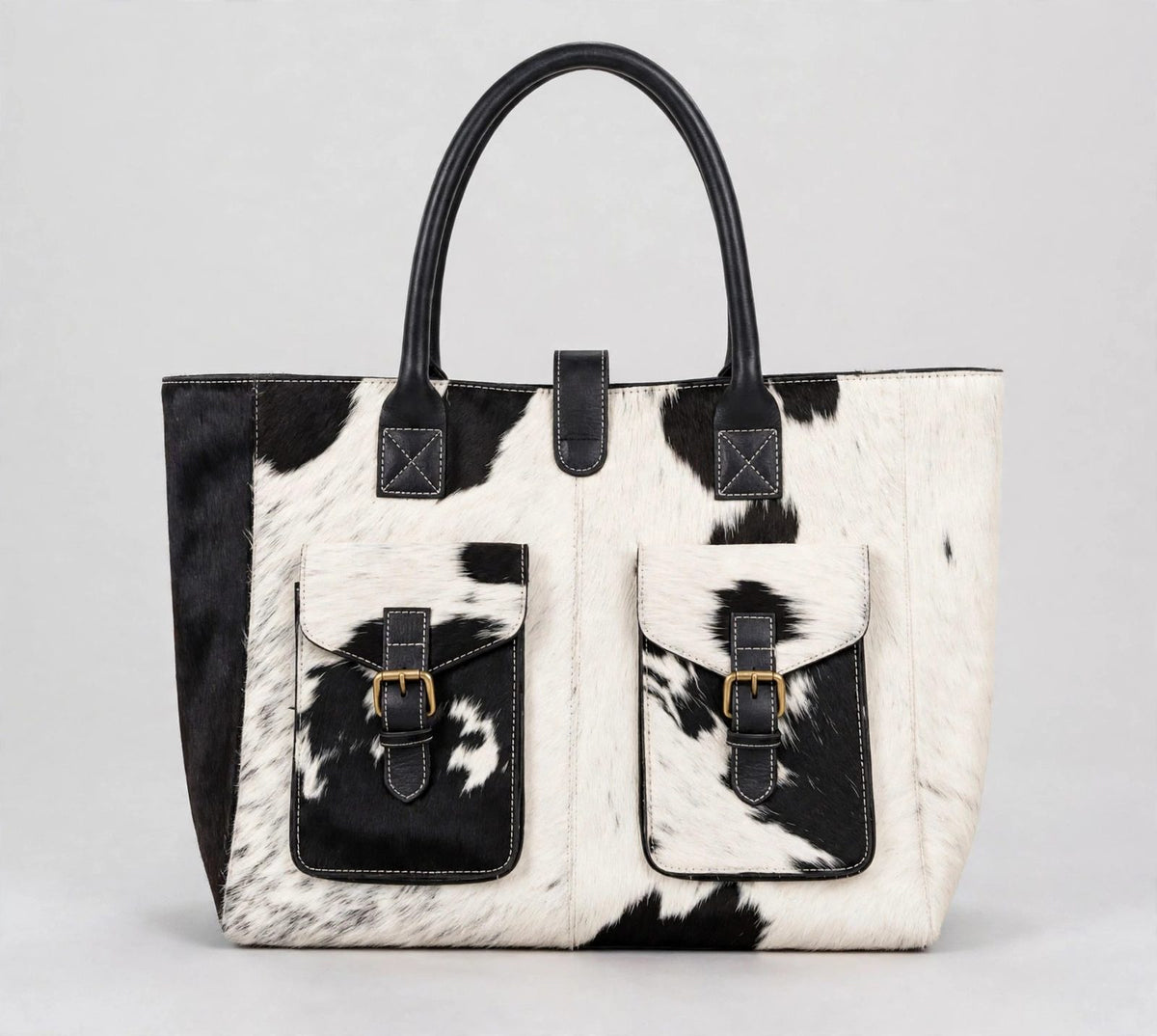 Women's Black & White Cowhide Pocket Tote