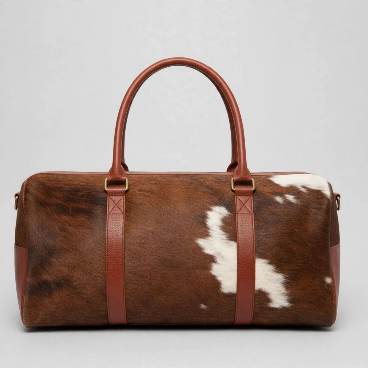 Brown & White Patch Cowhide Leather Duffel Bag