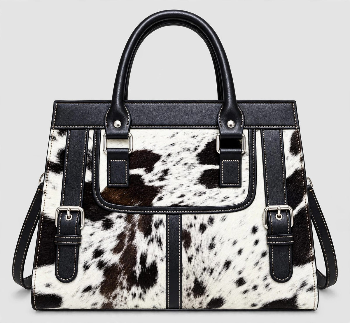 Women's Black & White Cowhide Structured Handbag