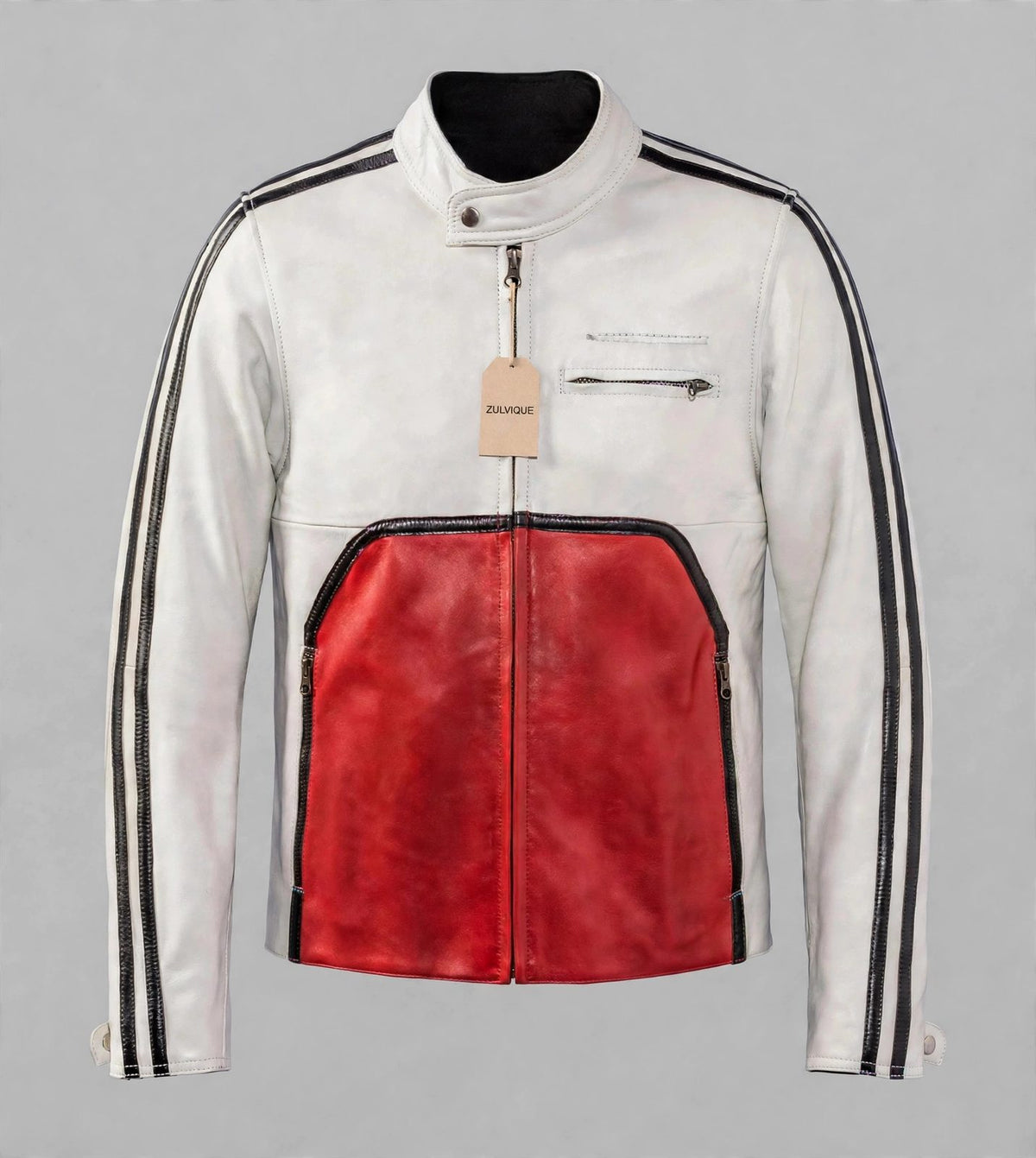 Men's White & Red Racing Leather Jacket