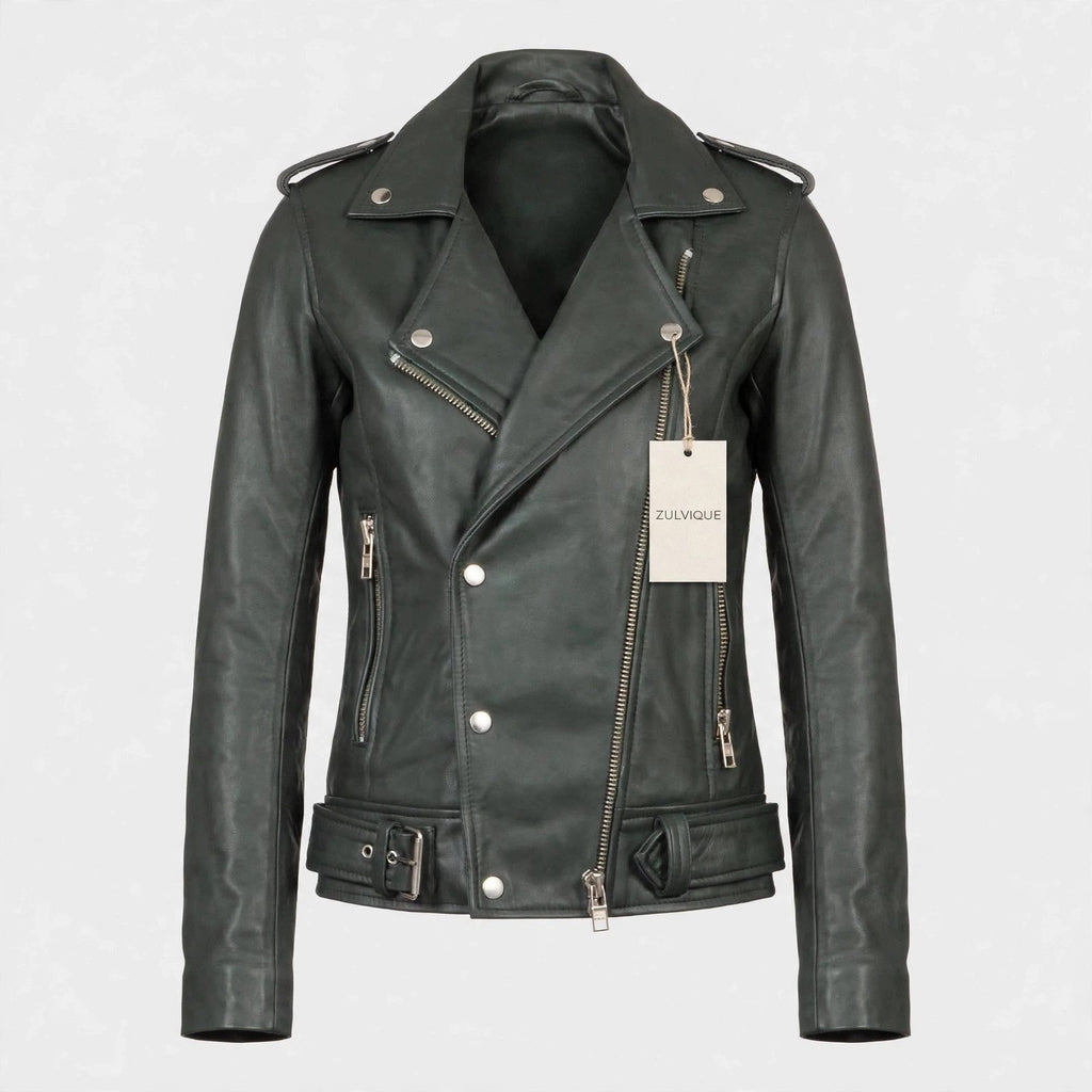 Women's Dark Green Leather Biker Jacket
