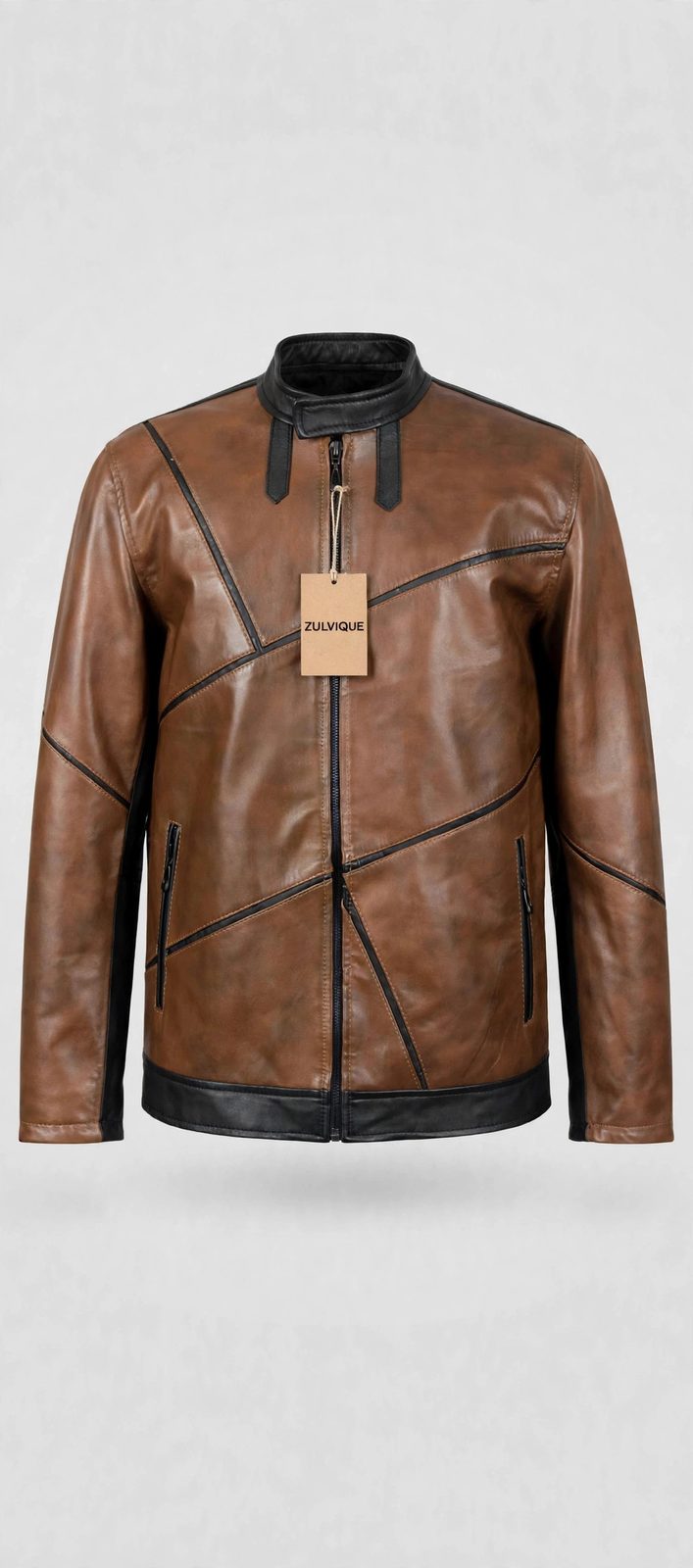Men's Brown Diagonal Panel Leather Jacket