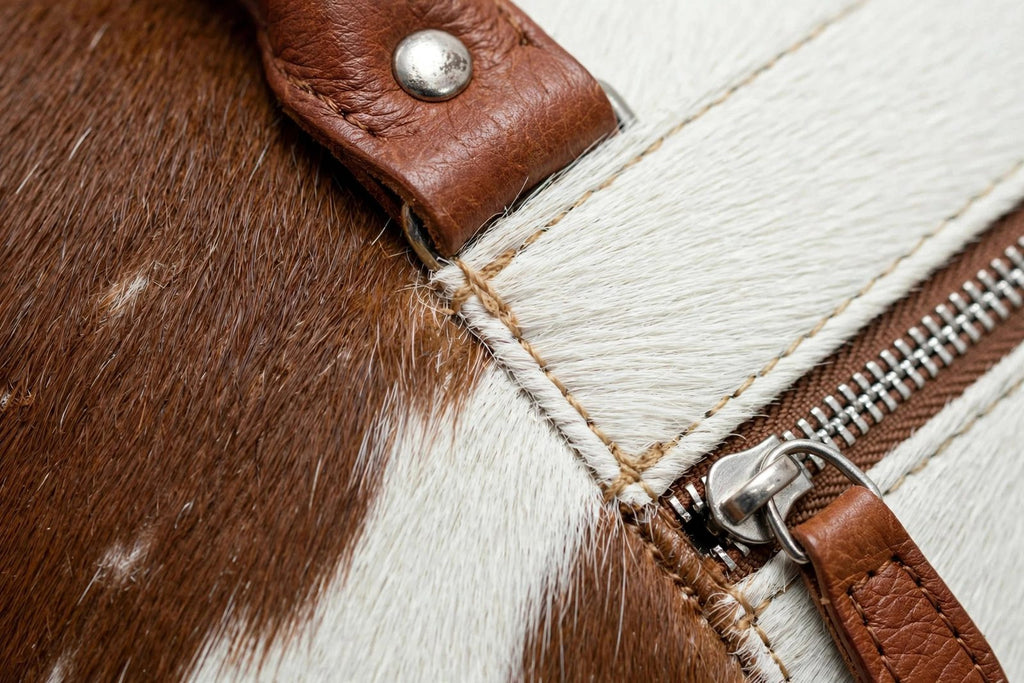 Two-Tone Brown & White Cowhide Leather Duffel Bag