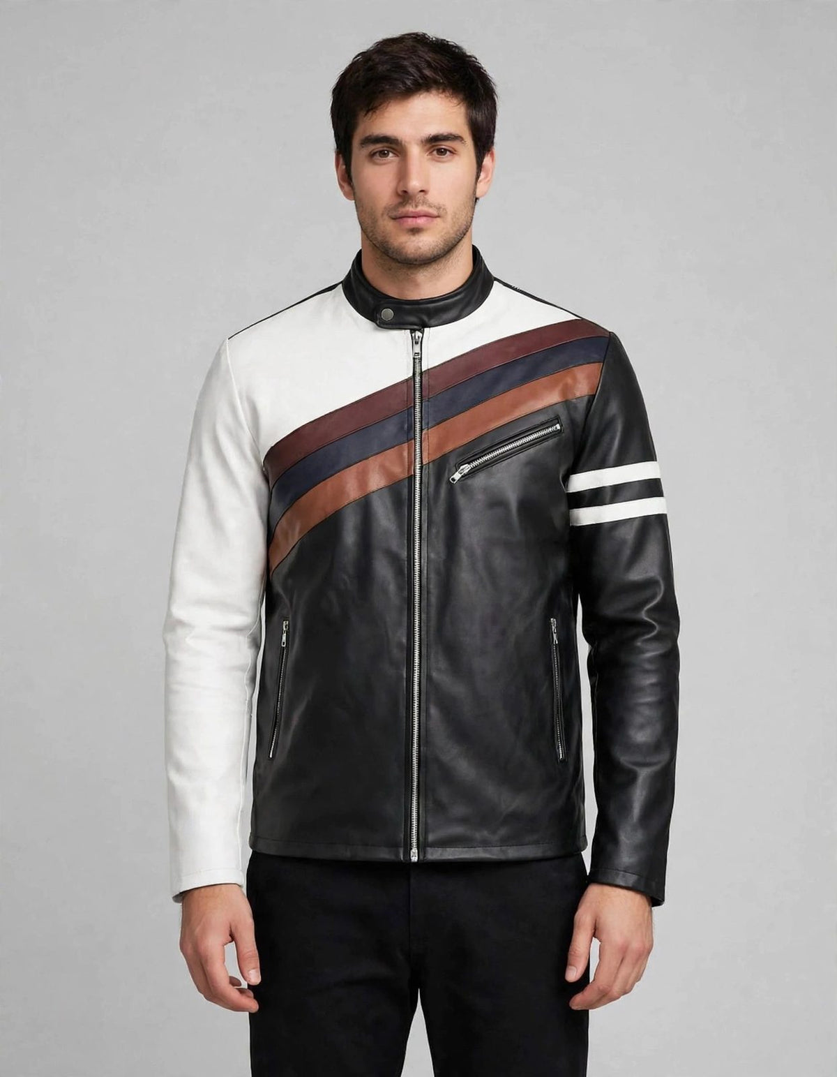 Men's Diagonal Striped Leather Jacket