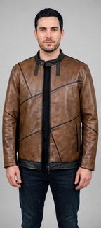 Men's Brown Leather Jacket with Black Trim