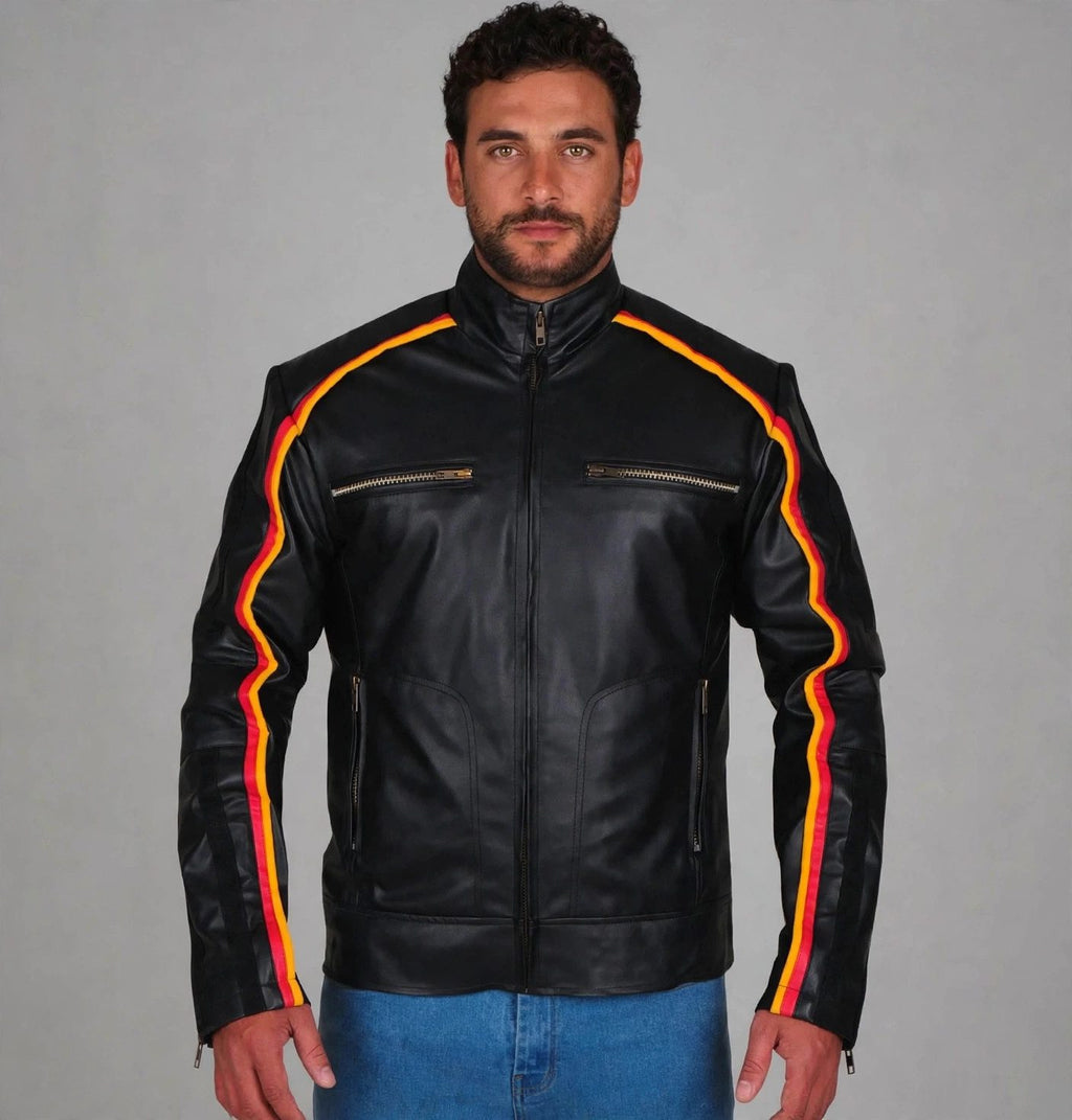 Men's Black Racing Stripe Leather Jacket