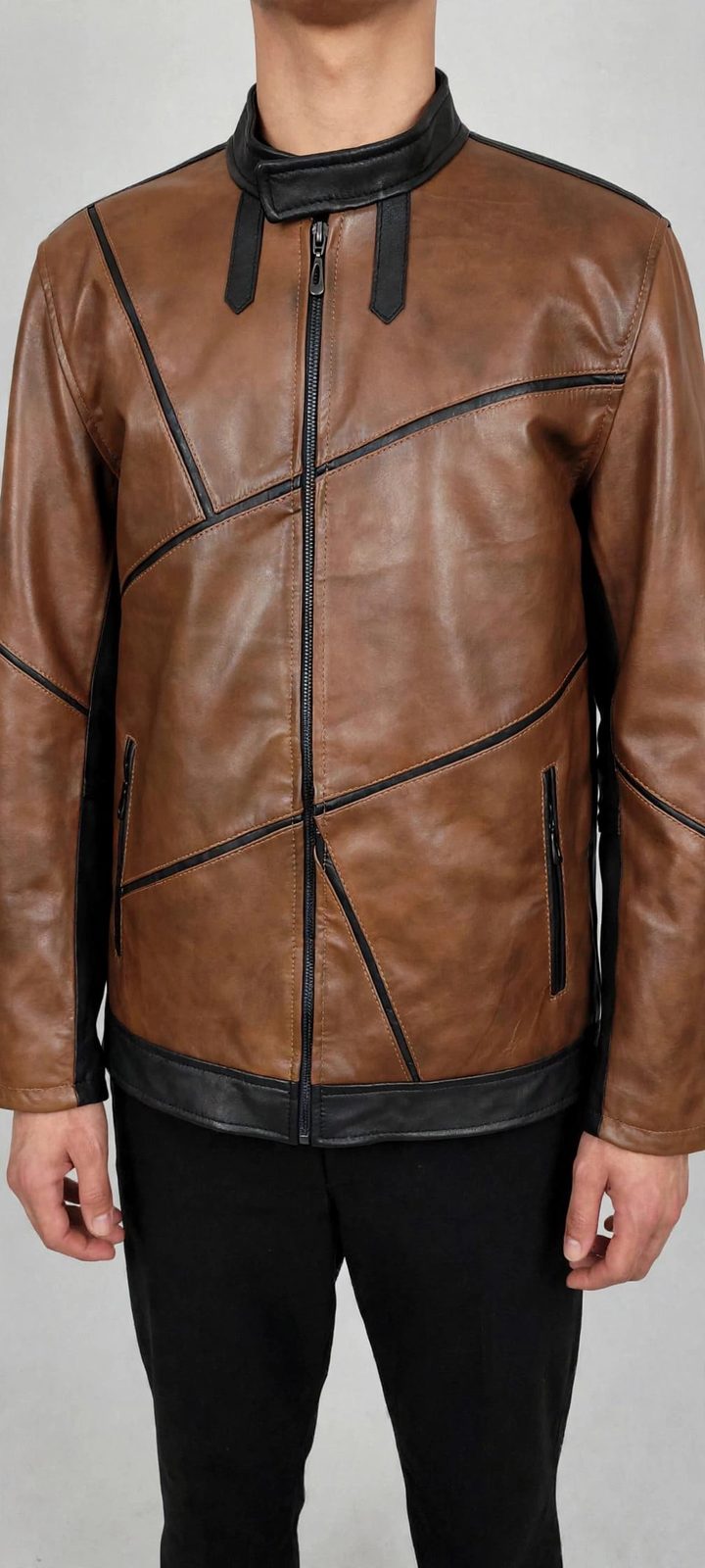 Men's Brown Diagonal Panel Leather Jacket