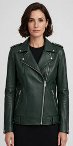 Women's Dark Green Leather Biker Jacket