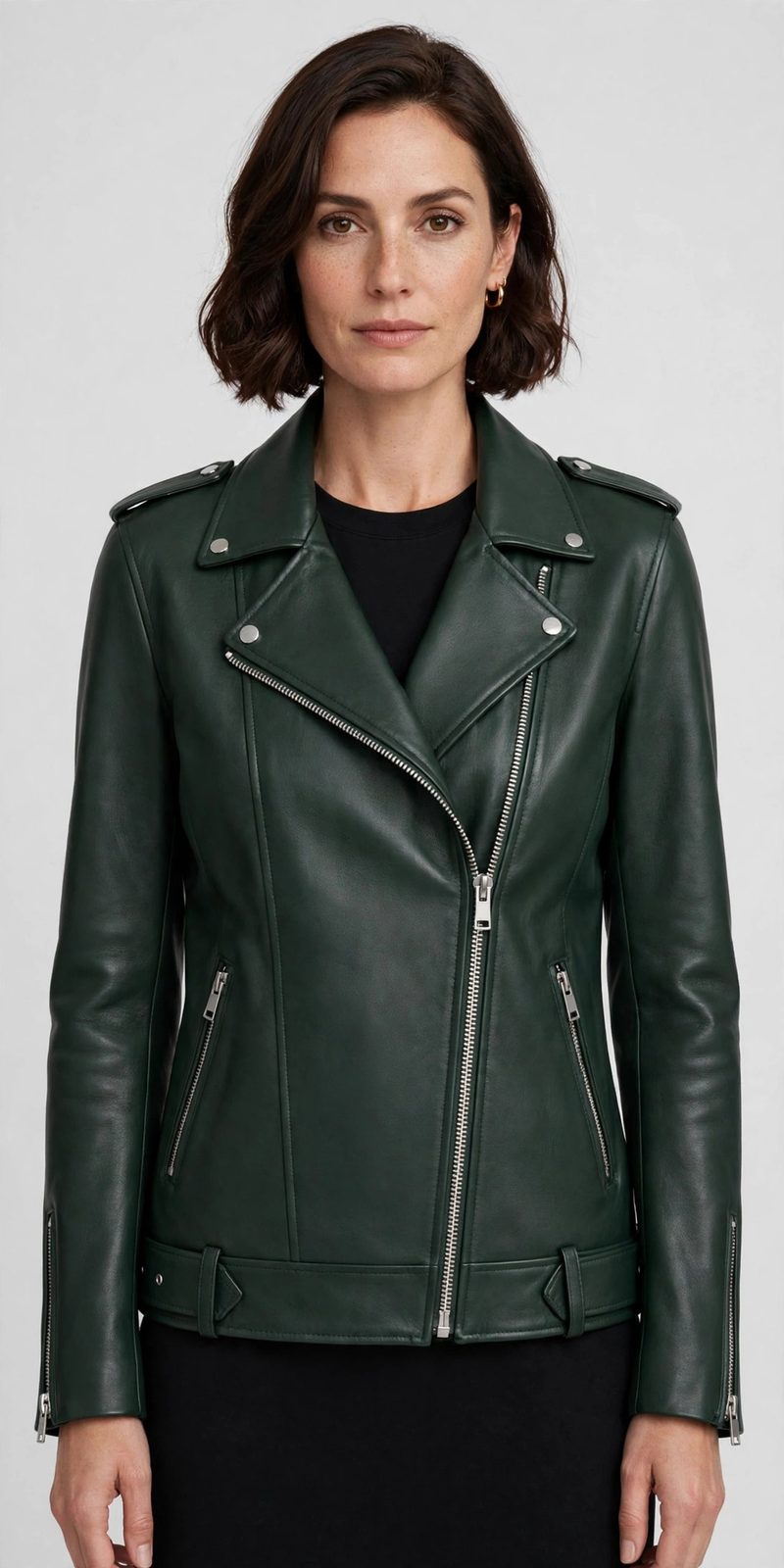 Women's Dark Green Leather Biker Jacket