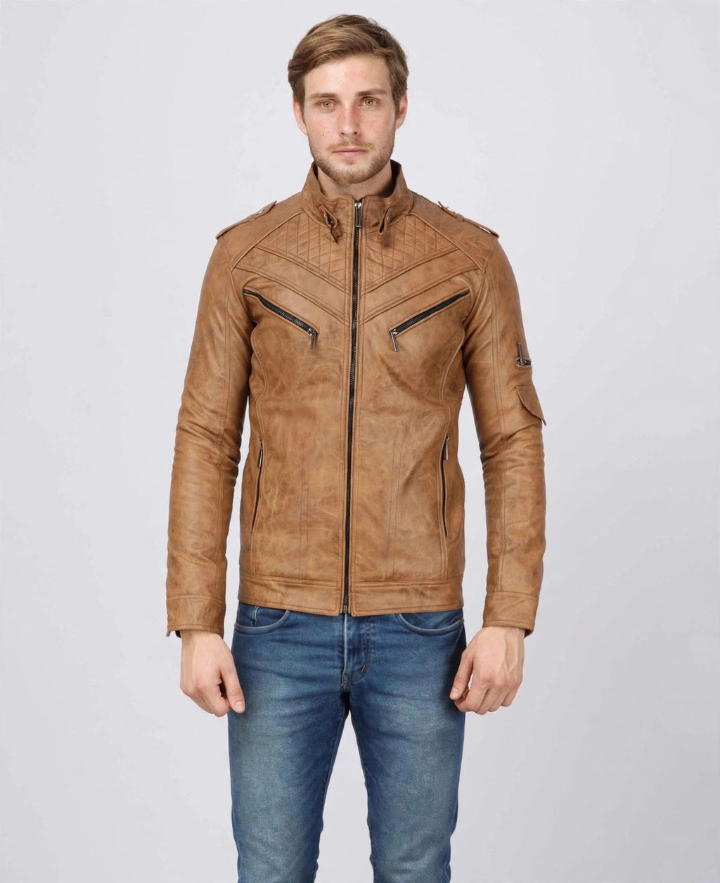 Men's Tan Quilted Leather Jacket