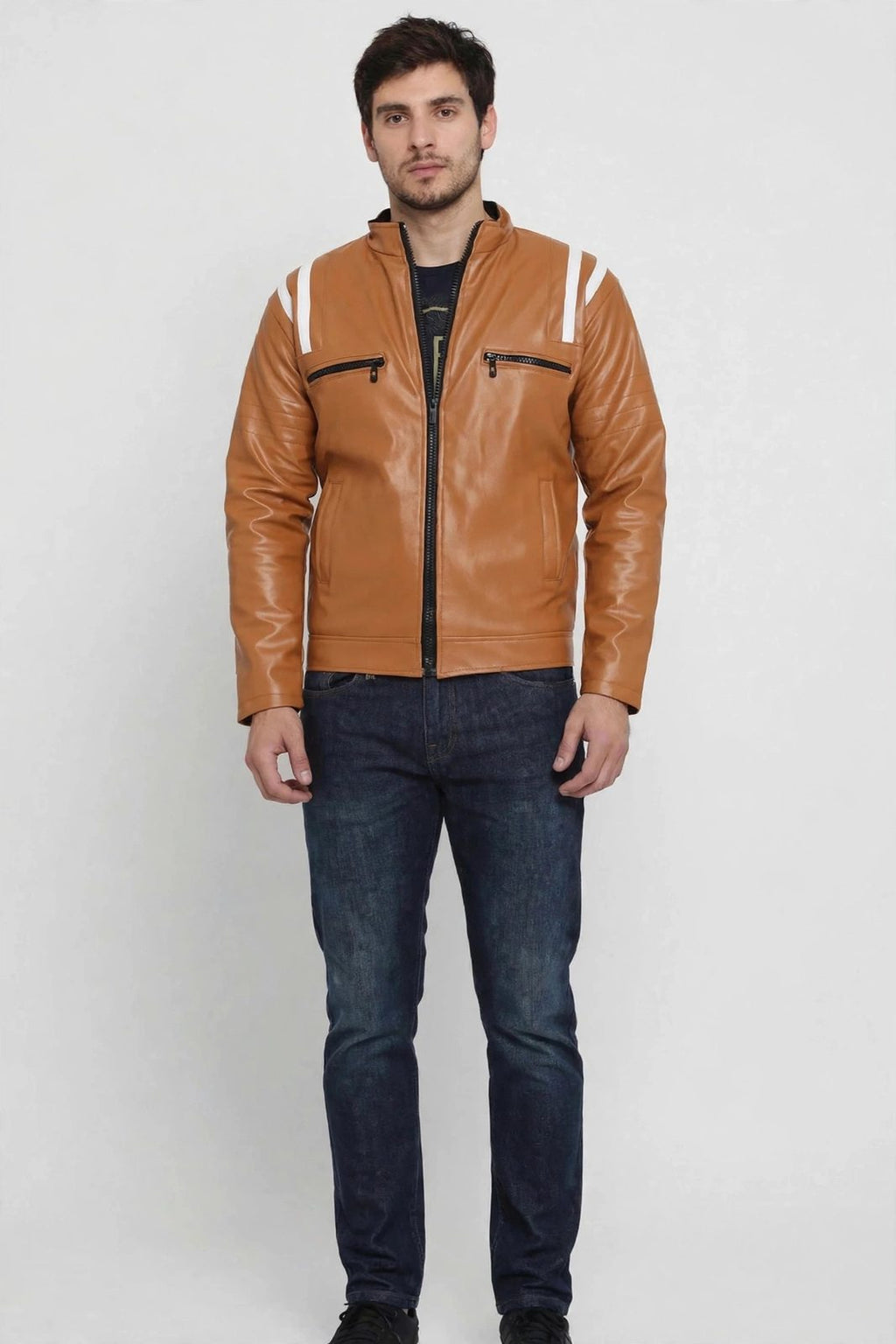 Men's Tan Striped Leather Jacket