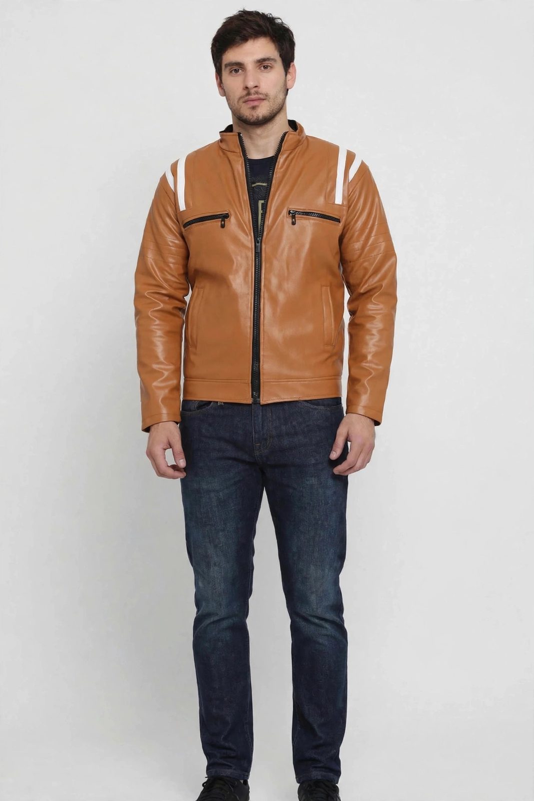 Men's Tan Striped Leather Jacket