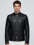 Men's Black Quilted Panel Leather Jacket