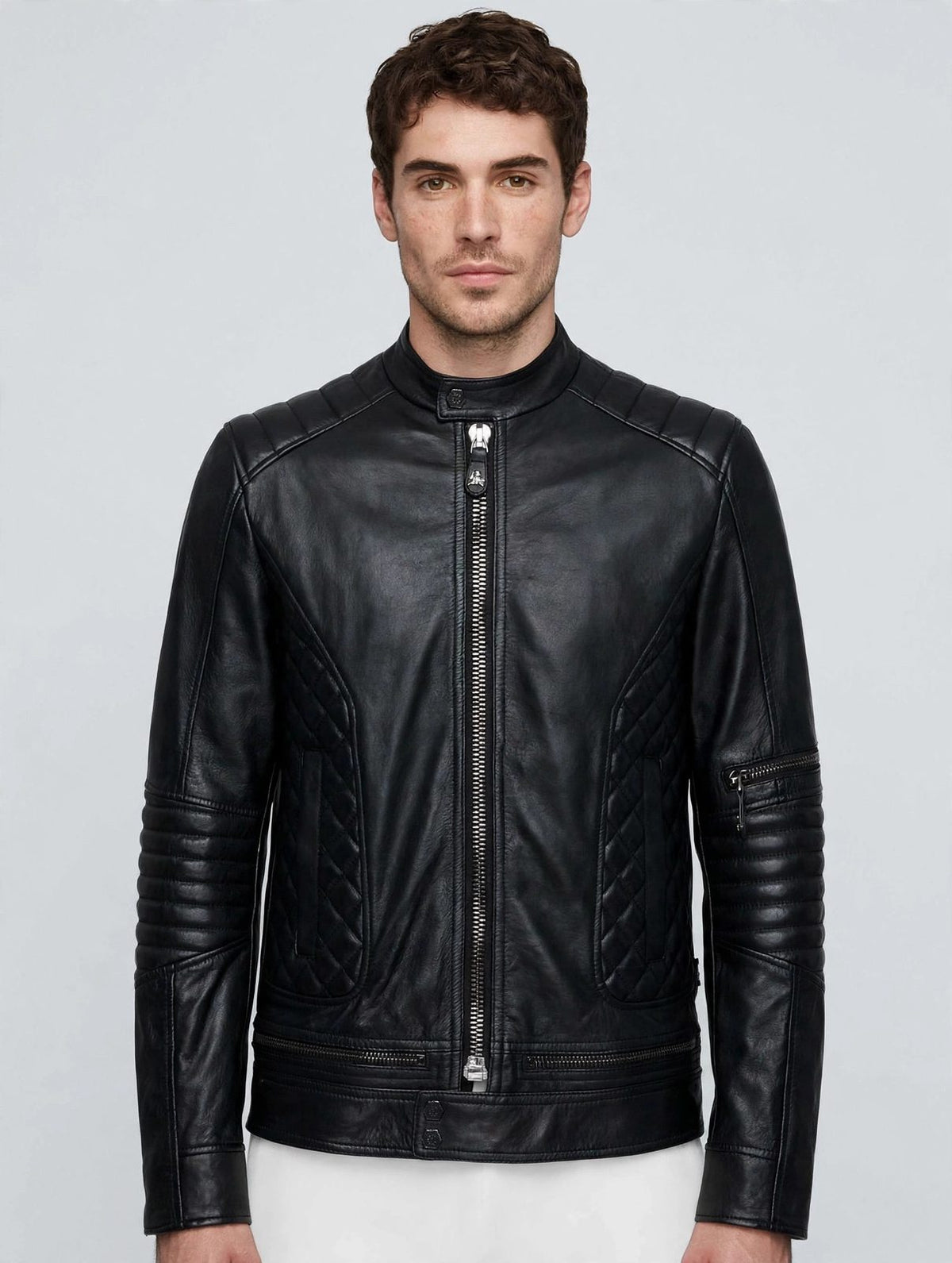 Men's Black Quilted Panel Leather Jacket