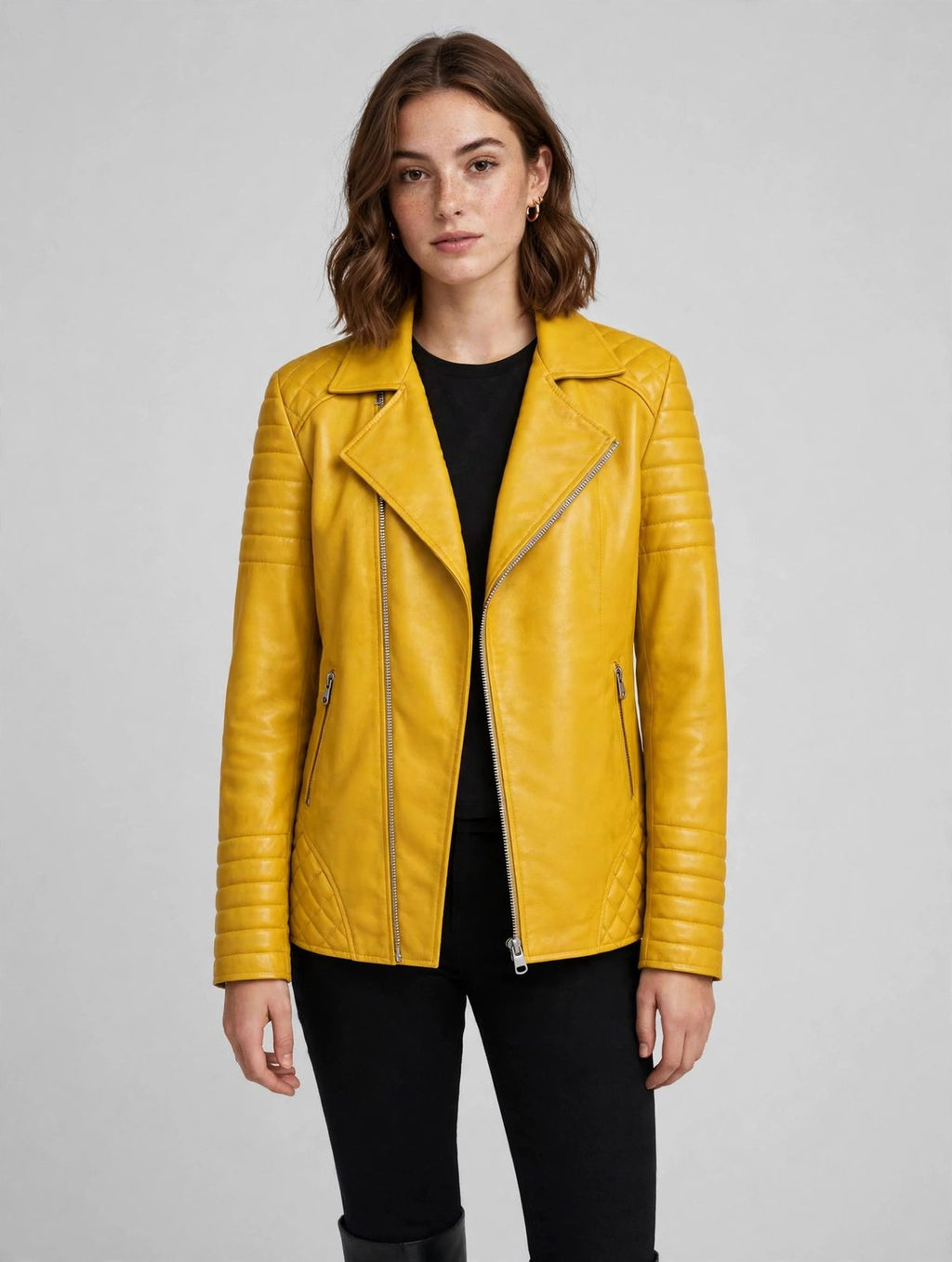 Women's Mustard Leather Biker Jacket