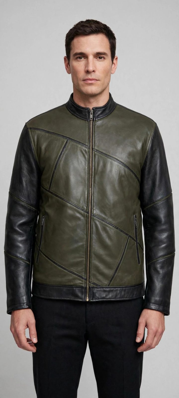 Men's Olive Diagonal Panel Leather Jacket
