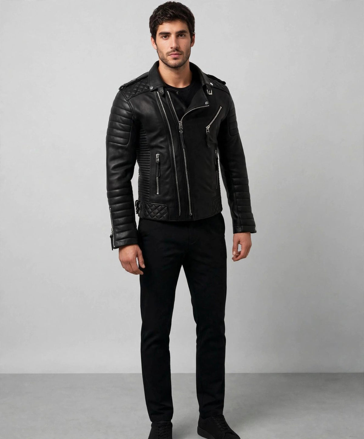 Men's Black Quilted Biker Leather Jacket