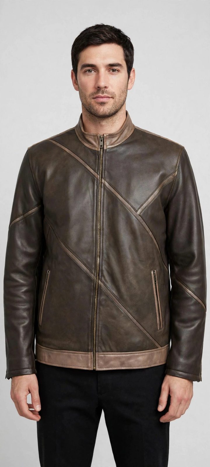Men's Grey & Brown Diagonal Panel Leather Jacket
