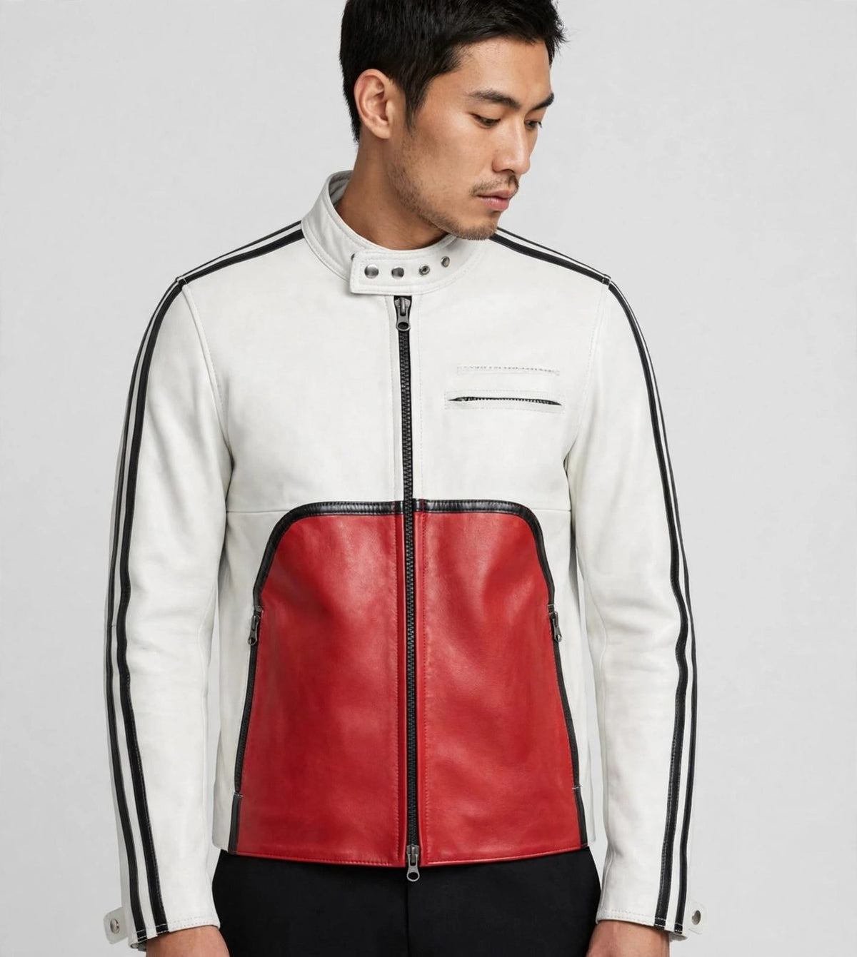 Men's White & Red Racing Leather Jacket