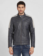 Men's Dark Grey Striped Leather Jacket