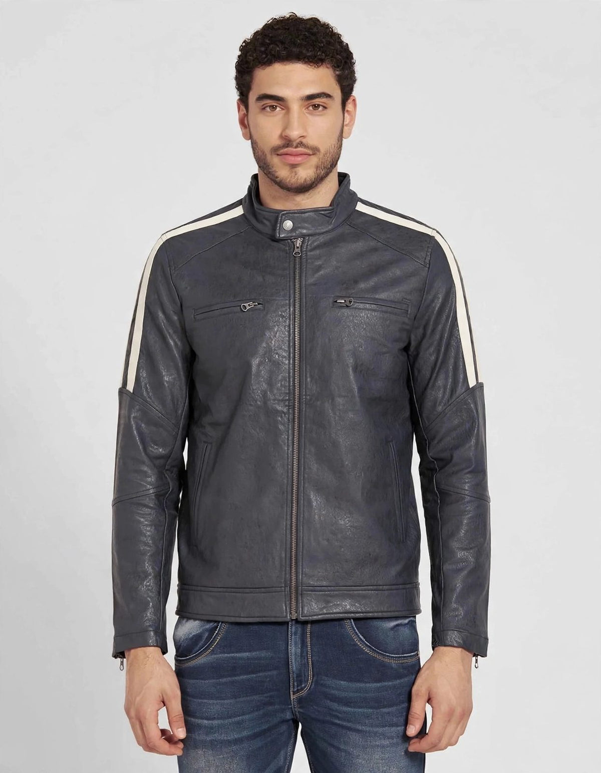 Men's Dark Grey Striped Leather Jacket