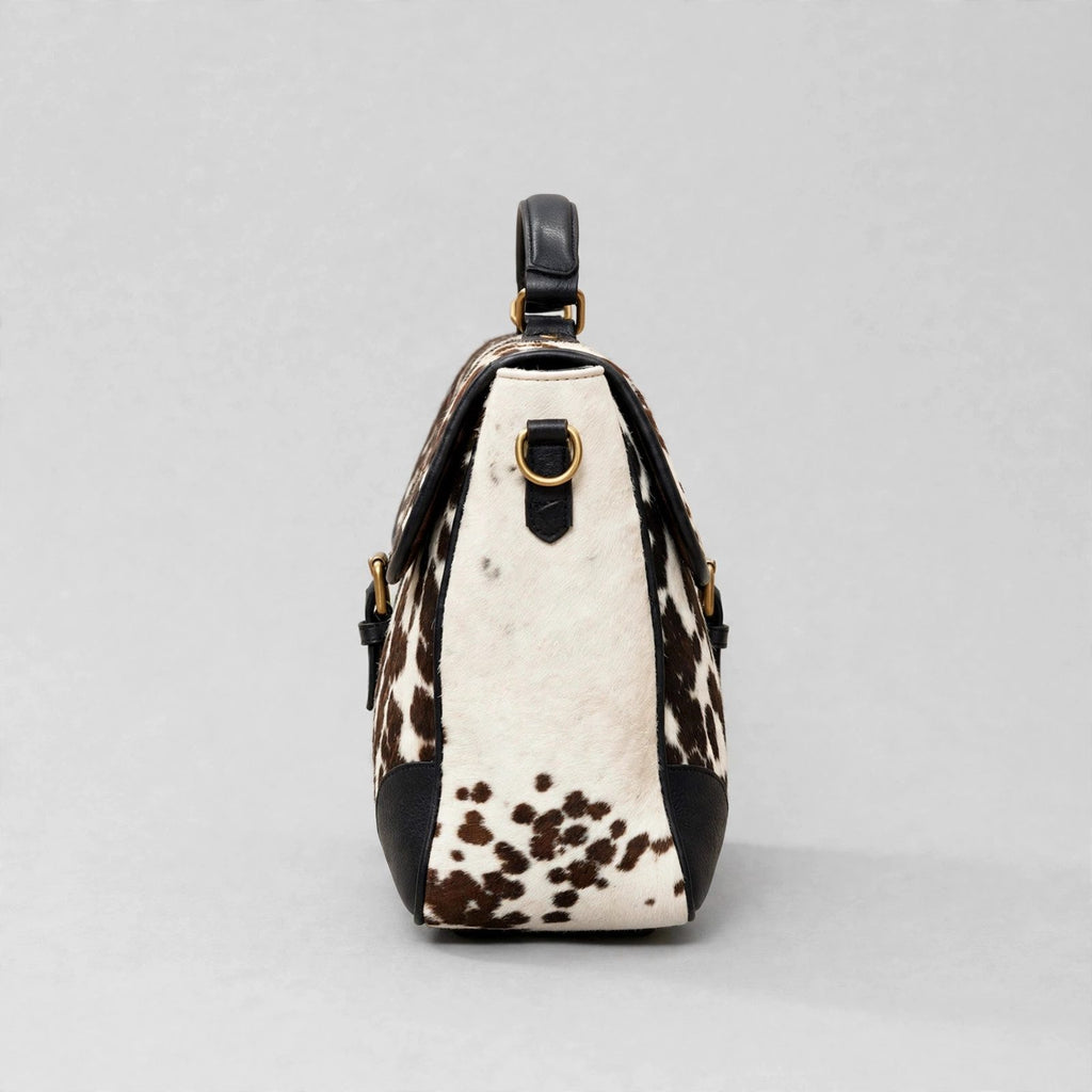Women's Black & White Speckle Cowhide Buckle Satchel